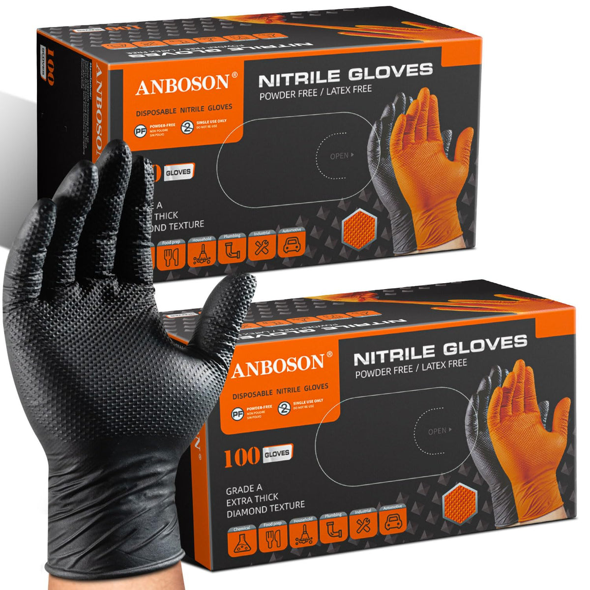 ANBOSON 10 Mil Heavy Duty Mechanic Nitrile Gloves, XLarge Black 100 Count