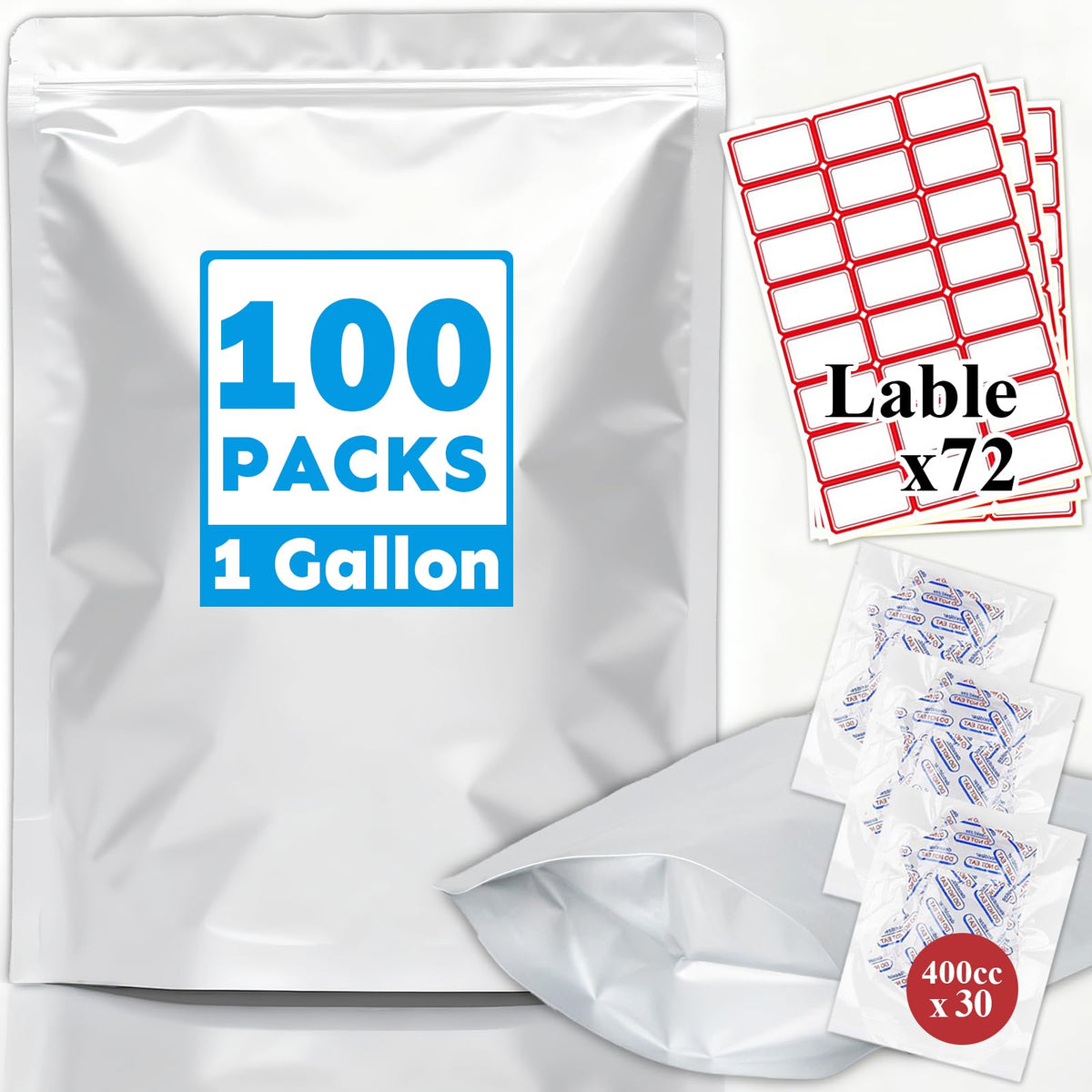 Mylar Bags 2Gallon 30PCS 17"X13" for Food Storage with Oxygen Absorbers&Labels,10Mil Thick Resealable Zipper&Heat Seal Stand Up Pouches for Packaging Long Term,Dried Food,BPA Free