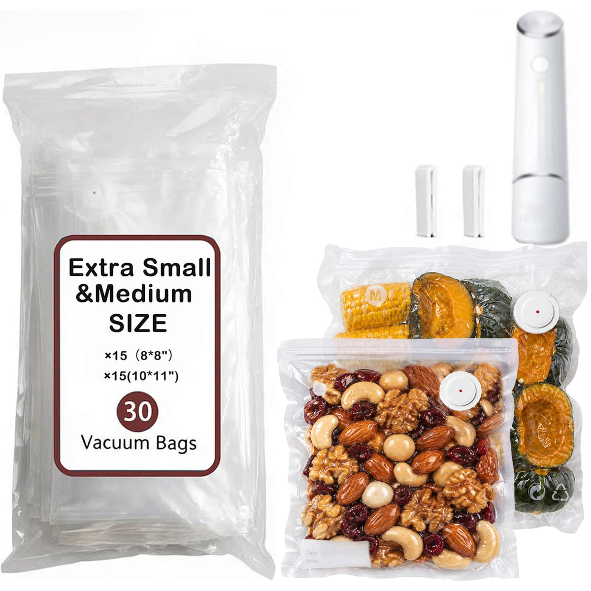 30-Pack Small Vacuum Sealer Bags & 2 Bonus Sealing Clips, Compatible with Chef Preserve – BPA-Free (8 x 10 in) Reusable Food Storage Bags for Freezer, Microwave, Sous Vide – Leak-Proof