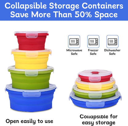 4 Collapsible Food Storage Containers, Silicone Food Storage Containers, Round Collapsible Bowls with lids, Microwave Freezer Dishwasher Safe (Colorful)
