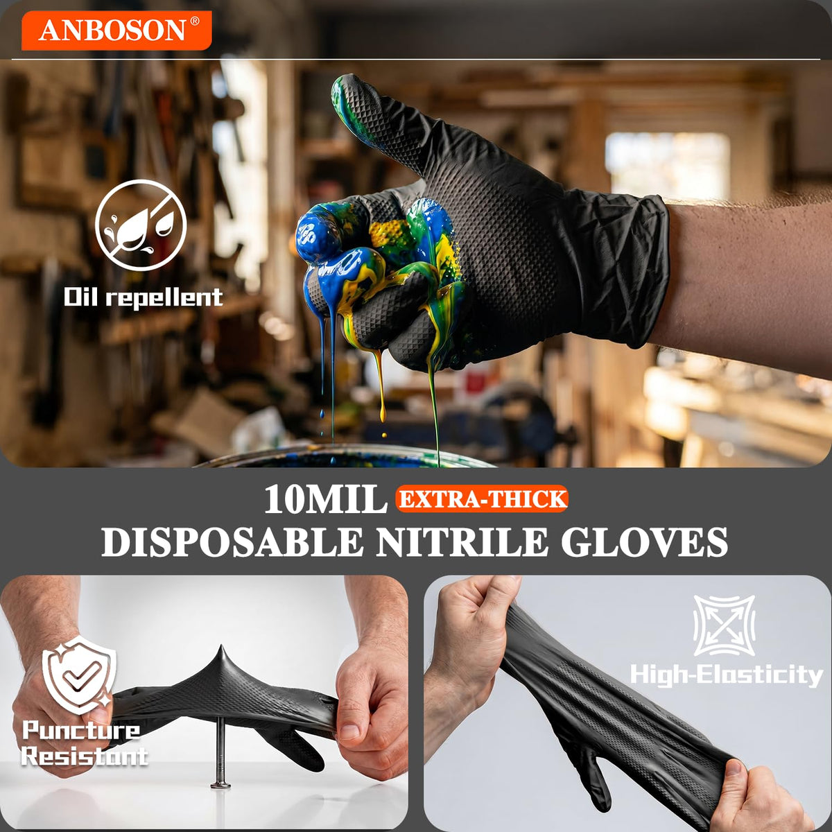 ANBOSON 10 Mil Heavy Duty Mechanic Nitrile Gloves, XLarge Black 100 Count