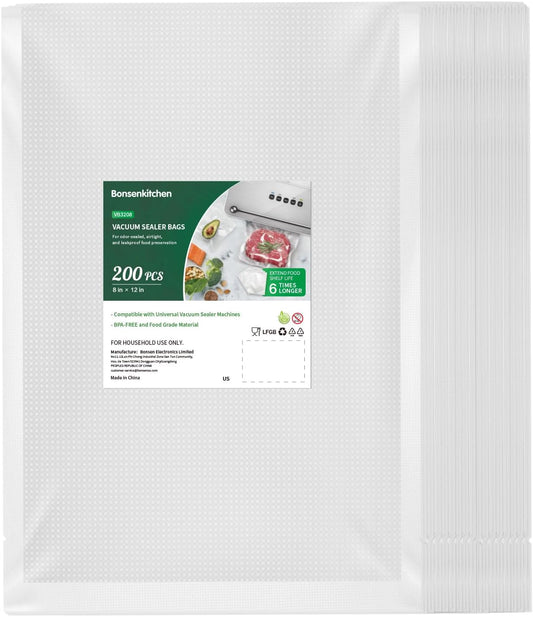 Bonsenkitchen Precut Vacuum Sealer Bags 200 Quart 8" x 12", BPA Free