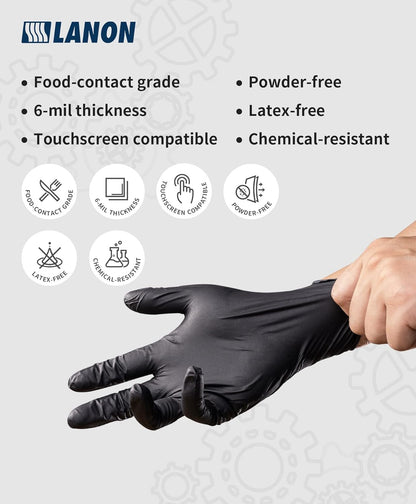 LANON 6 mil Black Nitrile Disposable Gloves,Cooking Gloves,Medium