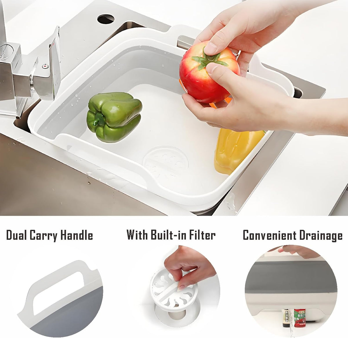 Collapsible Dish Basin with Drain Plug, 9L 2.4 Gallon Portable Wash Basin Dishpan Space Saving Dish Washing Tub Foldable Sink Tub Kitchen Storage Tray Grey