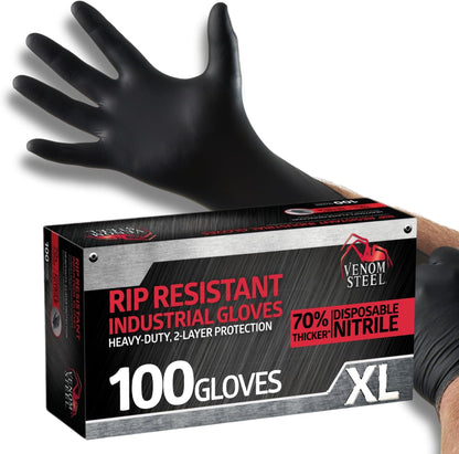 Venom Steel Industrial Nitrile Gloves, Chemical Resistant Disposable Black Gloves, Latex-Free, Powder-Free, Textured Grip, Heavy Duty Two-Layer Protection, 6 mil,Medium, 100 Count