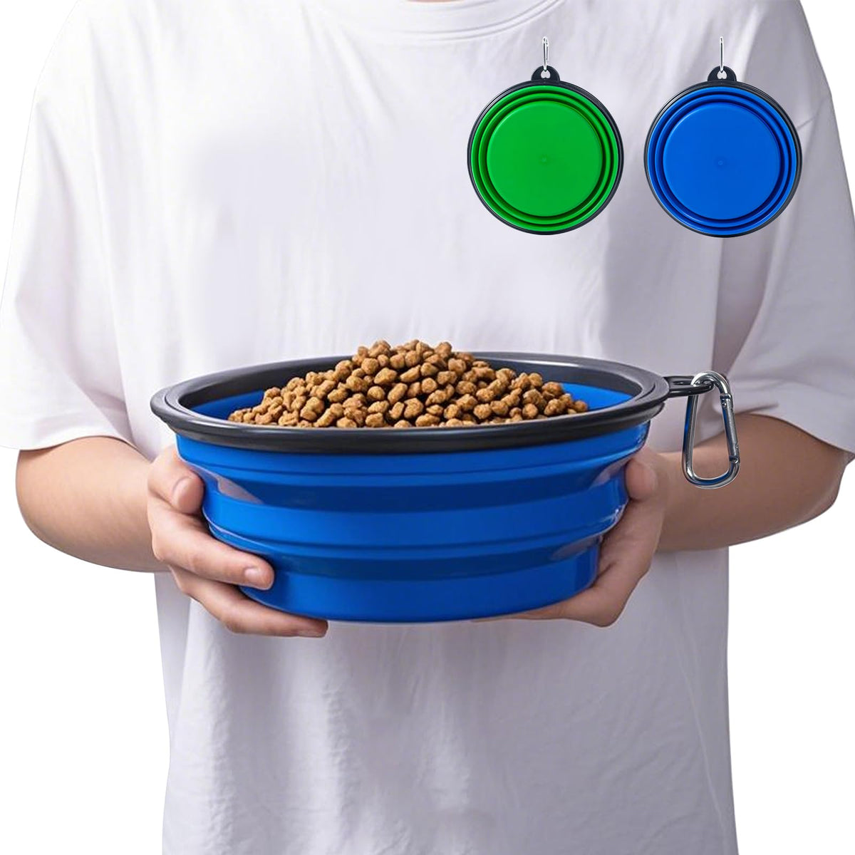Large Dog Bowl Pet Collapsible Bowls, 2 Pack Collapsible Dog Water Bowls for Cats Dogs, Portable Pet Feeding Watering Dish for Walking Parking Traveling with 2 Carabiners (Large, Blue+Green)