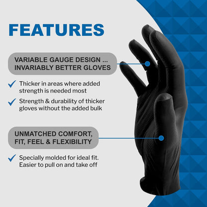PermaSafe Black Nitrile Gloves | Heavy Duty 6+ Mil Industrial Grade Protection | Powder and Latex-Free Nitrile Disposable Gloves with Raised Textured Grip | Ideal for Mechanics, Construction & More