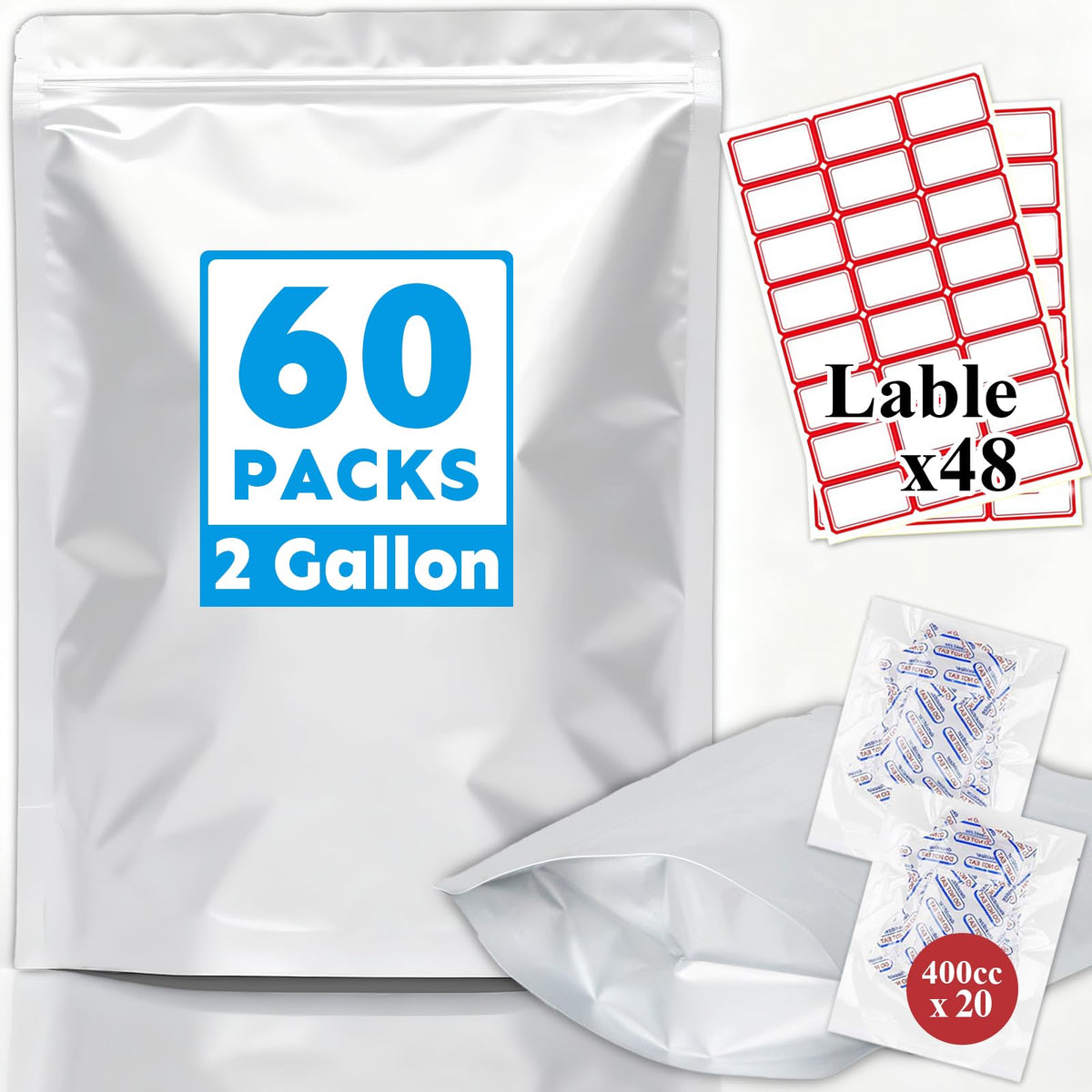 Mylar Bags 4Gallon 30PCS 14"X20" for Food Storage with Oxygen Absorbers&Labels,10Mil Thick Resealable Zipper&Heat Seal Stand Up Pouches for Packaging Long Term,Dried Food,BPA Free