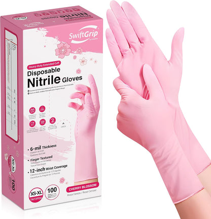 SwiftGrip Disposable Nitrile Dishwashing Gloves, Extended 12 Inches Cuff, 6-mil, Cherry Blossom Cleaning Gloves, Latex-Free