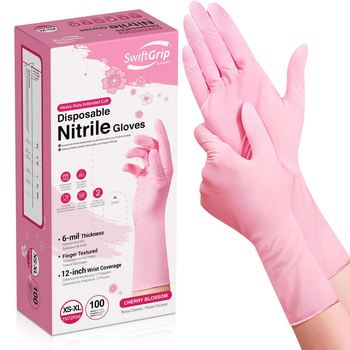 SwiftGrip Disposable Nitrile Dishwashing Gloves, Extended 12 Inches Cuff, 6-mil, Cherry Blossom Cleaning Gloves, Latex-Free