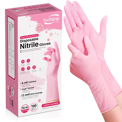 SwiftGrip Disposable Nitrile Dishwashing Gloves, Extended 12 Inches Cuff, 6-mil, Cherry Blossom Cleaning Gloves, Latex-Free