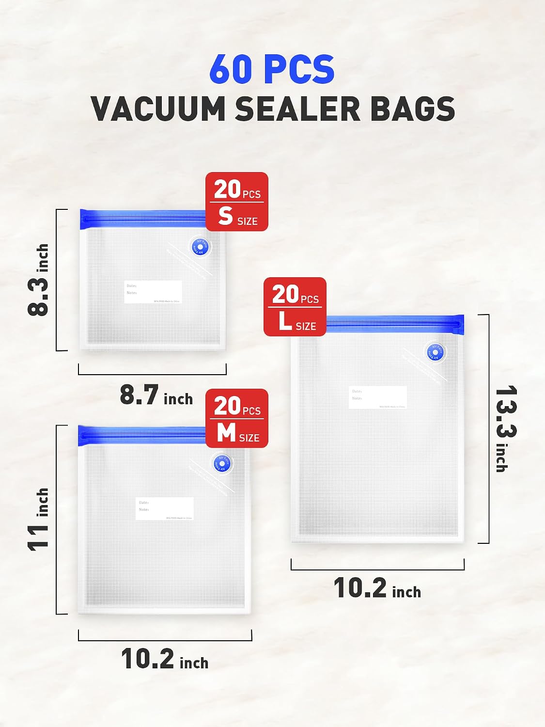 60 Pcs Reusable Vacuum Sealer Bags for Food, 3 Size BPA-Free Vacuum Storage Bags with Sealing Clips & Leak-Proof Design for Sous Vide Cooking, Freezer, Microwave Heating