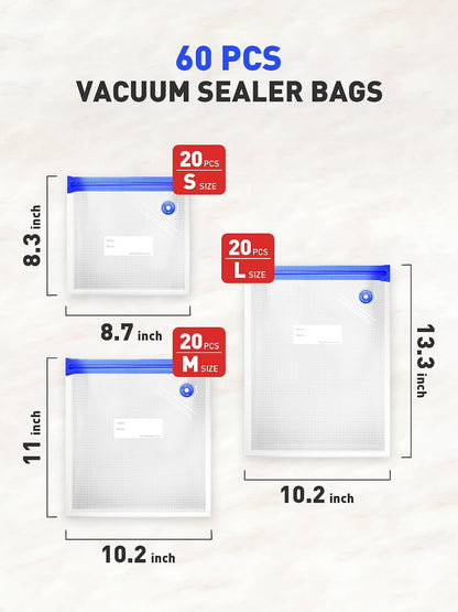 60 Pcs Reusable Vacuum Sealer Bags for Food, 3 Size BPA-Free Vacuum Storage Bags with Sealing Clips & Leak-Proof Design for Sous Vide Cooking, Freezer, Microwave Heating