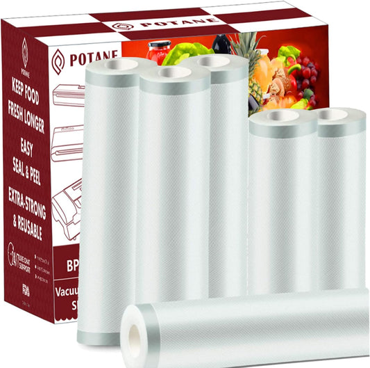 POTANE 6 Pack 11"x20'(3Rolls) and 8"x20' (3Rolls)Thickened Vacuum Sealer Bags , Smell-Proof, Puncture Prevention, Heavy duty for POTANE, Food Saver, Great for Vacuum storage,Meal Prep or Sous Vide
