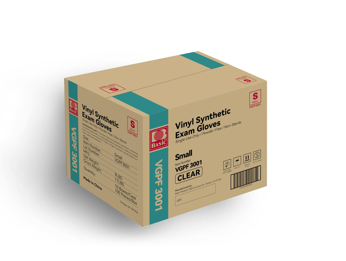Basic Medical Clear Vinyl Exam Gloves, Latex-, Powder-Free, Case of 1,000, Large