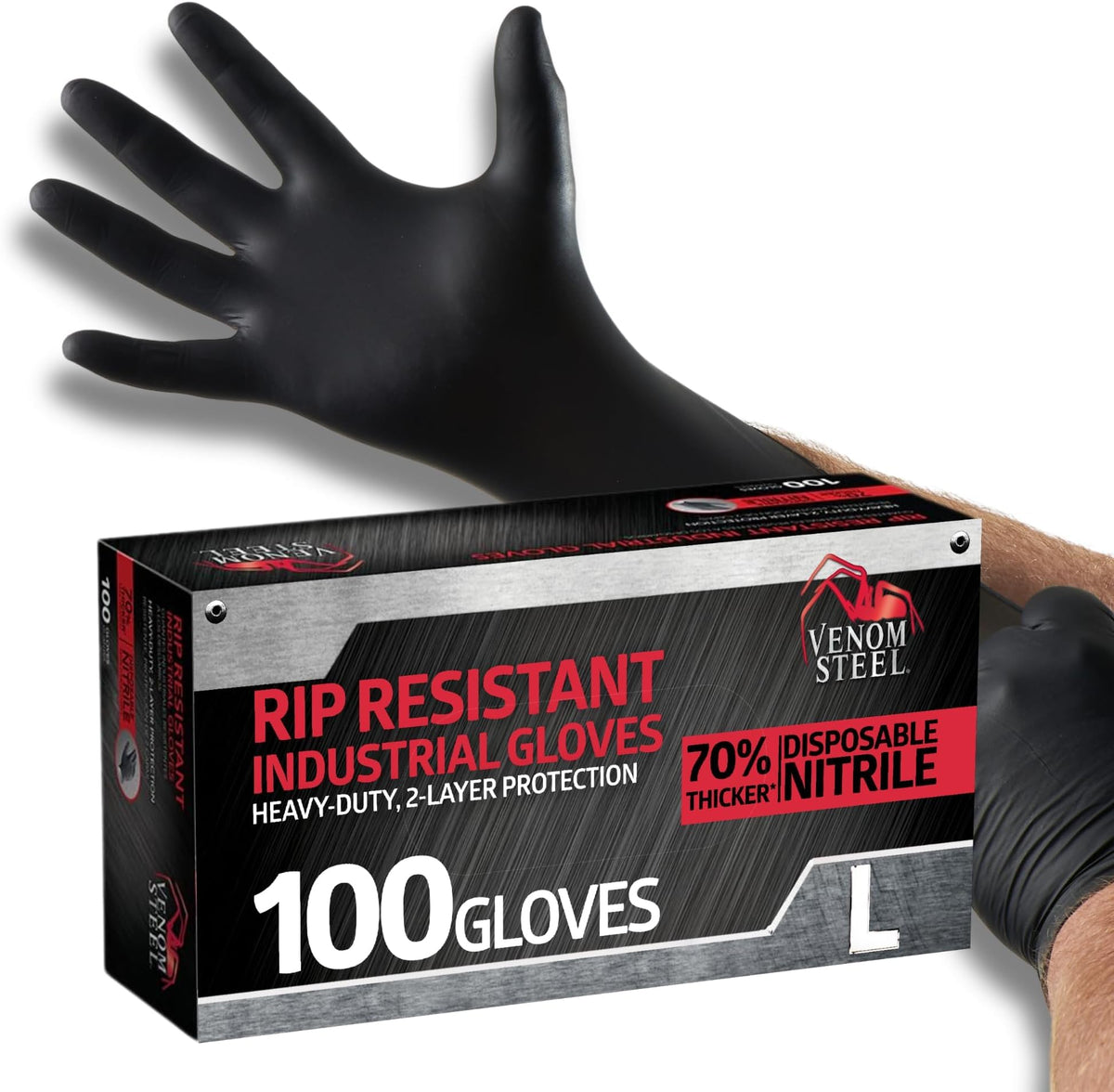 Venom Steel Industrial Nitrile Gloves, Chemical Resistant Disposable Black Gloves, Latex-Free, Powder-Free, Textured Grip, Heavy Duty Two-Layer Protection, 6 mil,Medium, 100 Count
