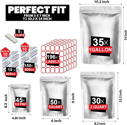 160 Mylar Bags with 160 Oxygen Absorbers-196 Labels & Stand-Up Reusable