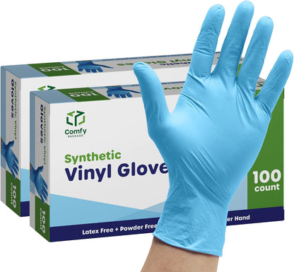 Comfy Package Synthetic Vinyl Blend Disposable Plastic Gloves Non-Sterile, Powder & Latex Free