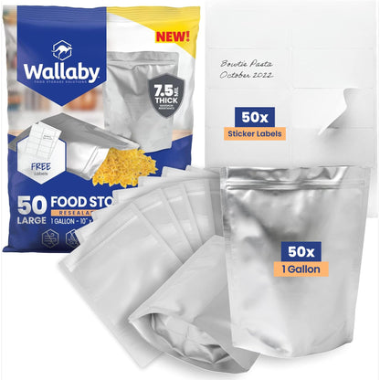 Wallaby 1-Pint Gusset 11 Mil Thick Mylar Bags, Zipper, Labels (50-Pack)