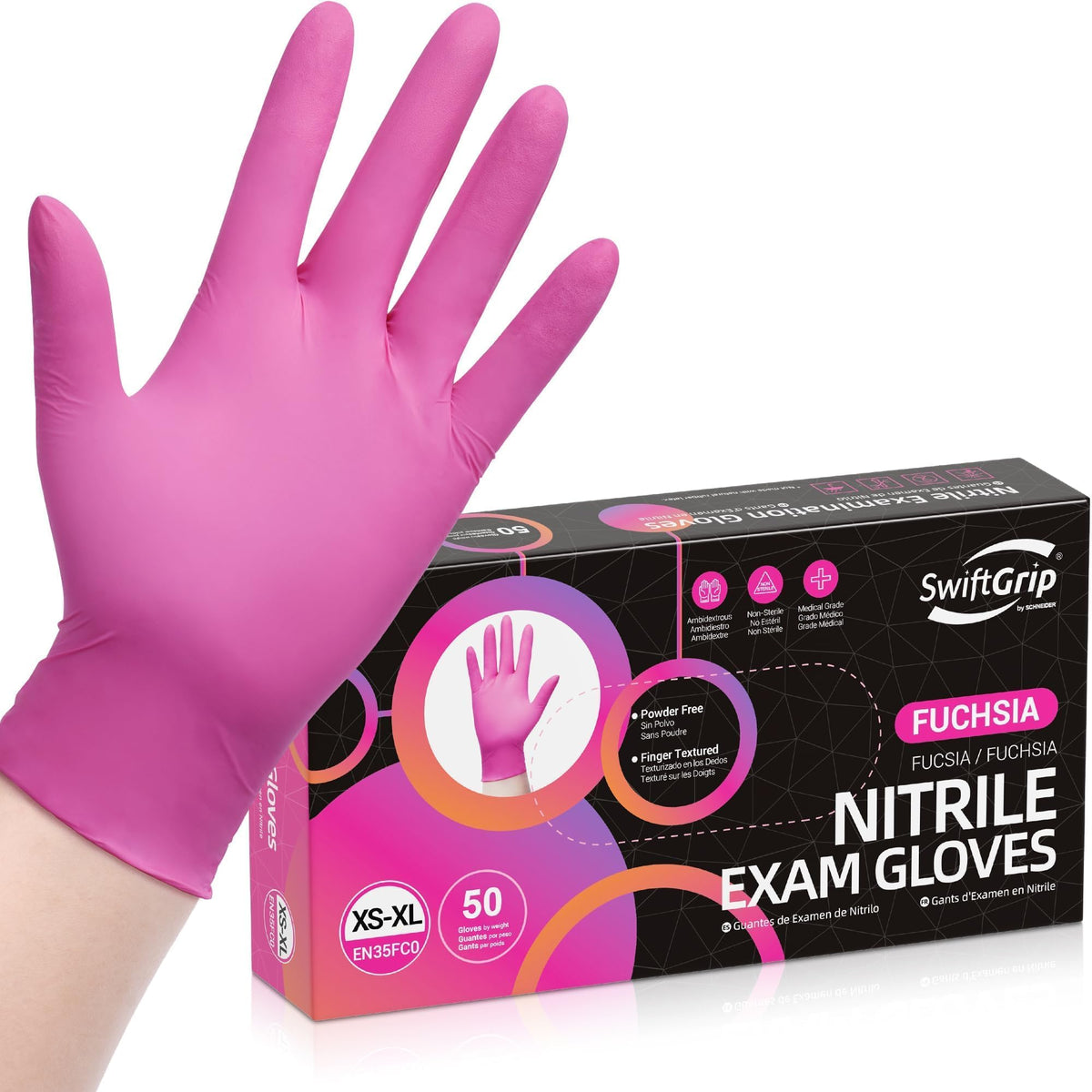SwiftGrip Powder-Free Nitrile Gloves, 3-mil, Disposable Nitrile Gloves, Latex-Free, Powder-Free - Pink/Fuchsia