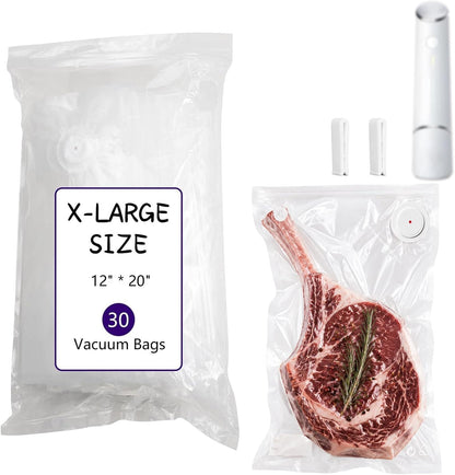 30-Pack XL Large Vacuum Sealer Bags & 2 Bonus Sealing Clips, Compatible with Chef Preserve – BPA-Free (12 x 20 in) Reusable Food Storage Bags for Freezer, Microwave, Sous Vide – Leak-Proof