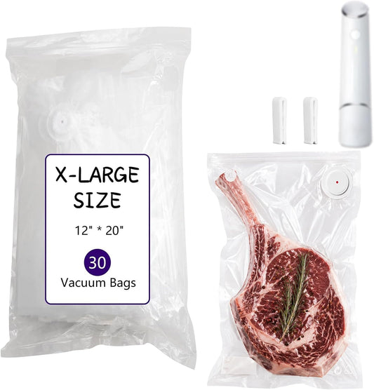 30-Pack XL Large Vacuum Sealer Bags & 2 Bonus Sealing Clips, Compatible with Chef Preserve – BPA-Free (12 x 20 in) Reusable Food Storage Bags for Freezer, Microwave, Sous Vide – Leak-Proof