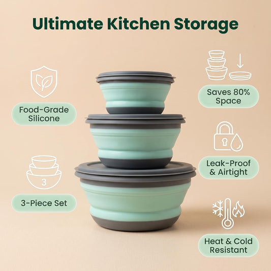 Collapsible Silicone Bowls with Lids, 3 Pack Food Grade Foldable Camping Bowl Set, Portable Travel Bowls for Salad, Ramen, Lunch, Outdoor Collapsible Food Storage Containers