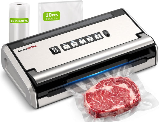 Bonsenkitchen Vacuum Sealer for Food, Stainless Steel, 0.2-inch Wider Seal
