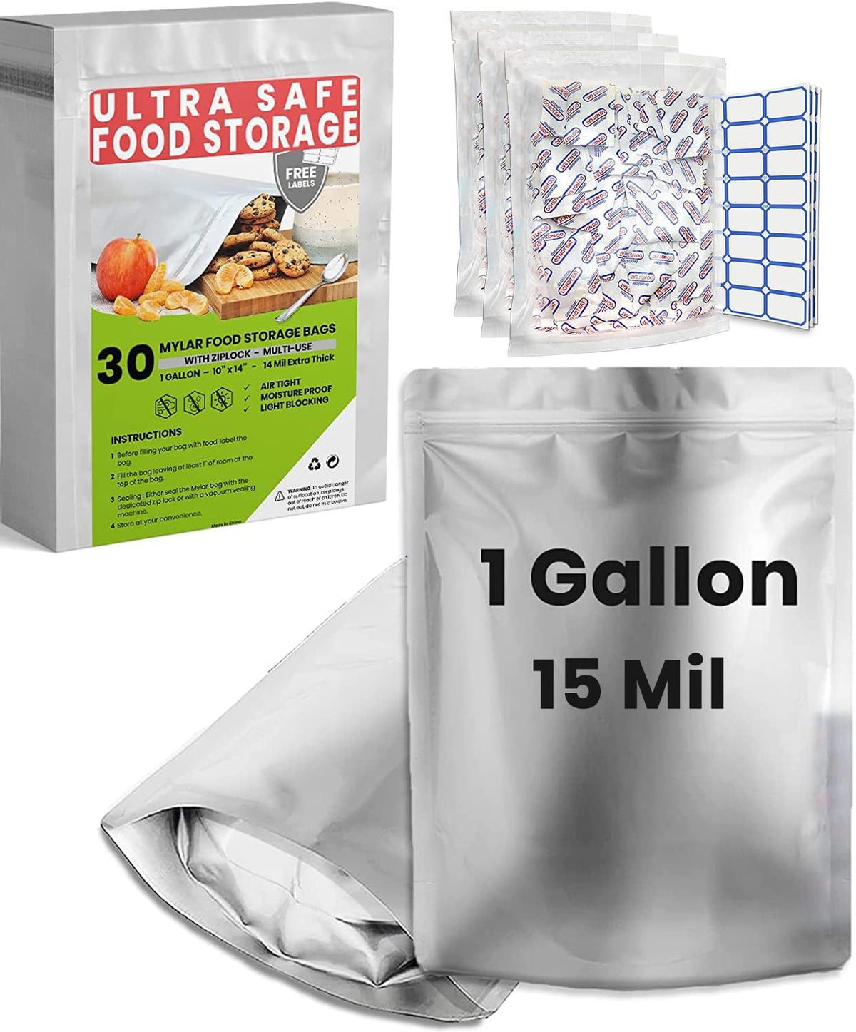10pcs 5 Gallon Mylar Bags for Food Storage - 10 Mil Thick - Extra large bags 5 Gallon with Oxygen Absorbers 2500cc - Zipper Resealable Milar Bags - Bolsas Mylar 5 Galones