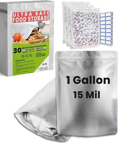 10pcs 5 Gallon Mylar Bags for Food Storage - 10 Mil Thick - Extra large bags 5 Gallon with Oxygen Absorbers 2500cc - Zipper Resealable Milar Bags - Bolsas Mylar 5 Galones