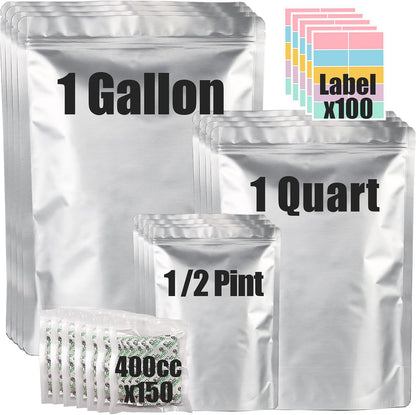 100pcs Mylar Bags for Food Storage 12 Mil Thick with 150x400cc Oxygen Absorbers & Labels, 3 Sizes (1 Gallon, 1 Quart, 1/2 Pint) - Stand-Up, Resealable & Heat Sealable for Long Term Food Storage