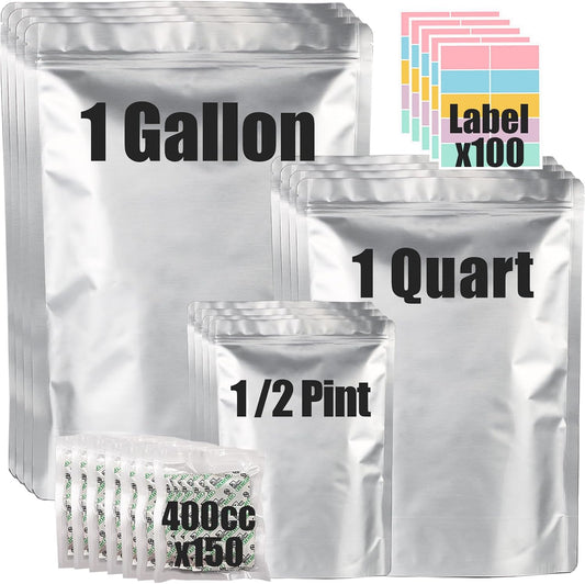 100pcs Mylar Bags for Food Storage 12 Mil Thick with 150x400cc Oxygen Absorbers & Labels, 3 Sizes (1 Gallon, 1 Quart, 1/2 Pint) - Stand-Up, Resealable & Heat Sealable for Long Term Food Storage