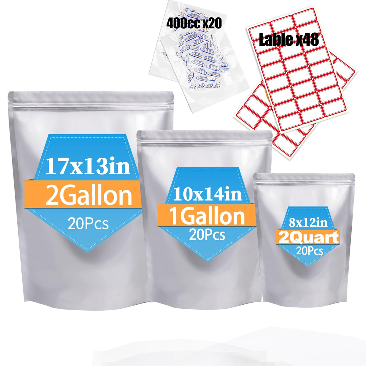 30PCS 2Gallon 17"X13" Mylar Bags for Food Storage with Oxygen Absorbers&Lables,10 Mil Thick Resealable Stand-Up Zipper&Heat Sealable Bags for Long Term Food Storage,Dried Food