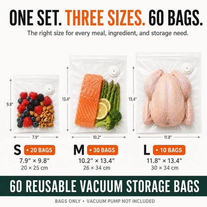 Vacuum Sealer Bags for Food, 60 Pcs Reusable Food Storage Bags, S+M+L Sizes, Air Valve Zipper Bags for Meal Prep, Freezer, Sous Vide & Microwave Storage