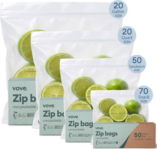 Vove Compostable Storage Zip Bags 140 Count Variety Pack, Plant-Based