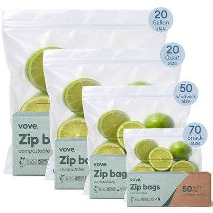 Vove Compostable Storage Zip Bags 140 Count Variety Pack, Plant-Based