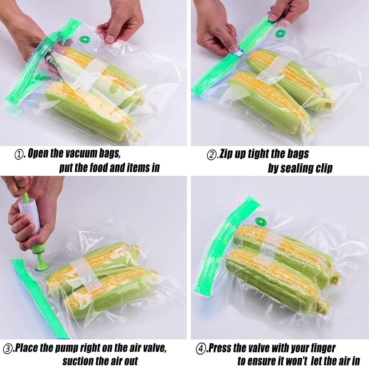 Sous Vide Bags 20pack Reusable Vacuum Food Storage Bags with 3 Sizes Vacuum Food Bags,1 Hand Pump,4 Sealing Clips for Food Storage and Sous Vide Cooking (Green Kit)