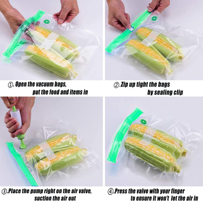 Sous Vide Bags 20pack Reusable Vacuum Food Storage Bags with 3 Sizes Vacuum Food Bags,1 Hand Pump,4 Sealing Clips for Food Storage and Sous Vide Cooking (Green Kit)