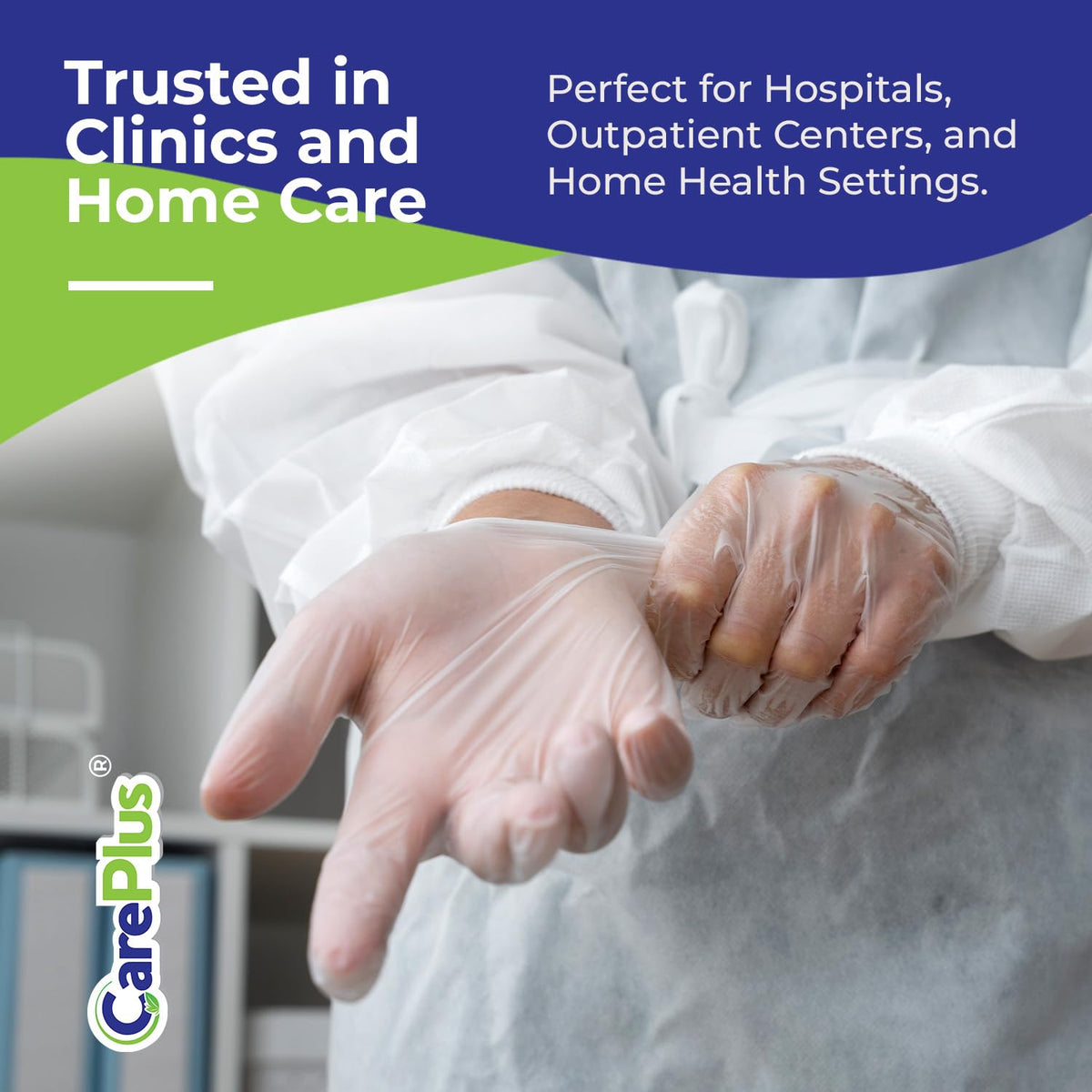 CARE PLUS Vinyl Gloves Clear Medium, Disposable Latex Free, 100 Count