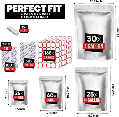 120 Mylar Bags with 150 Oxygen Absorbers-168 Labels & Stand-Up Reusable
