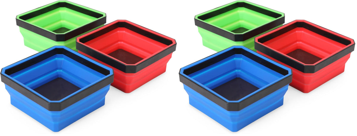 PR1ME Collapsible Magnetic Parts Tray Set, Foldable Magnetic Tray, 3 Pieces 4.25 inch Square Silicone Bowls with Magnetic Base Stores and Organizes Small Parts and Tools