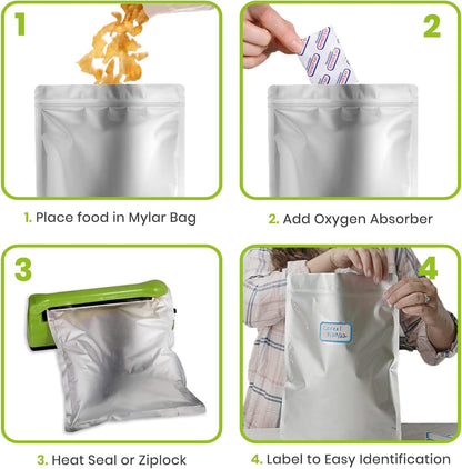 10pcs 5 Gallon Mylar Bags for Food Storage - 10 Mil Thick - Extra large bags 5 Gallon with Oxygen Absorbers 2500cc - Zipper Resealable Milar Bags - Bolsas Mylar 5 Galones