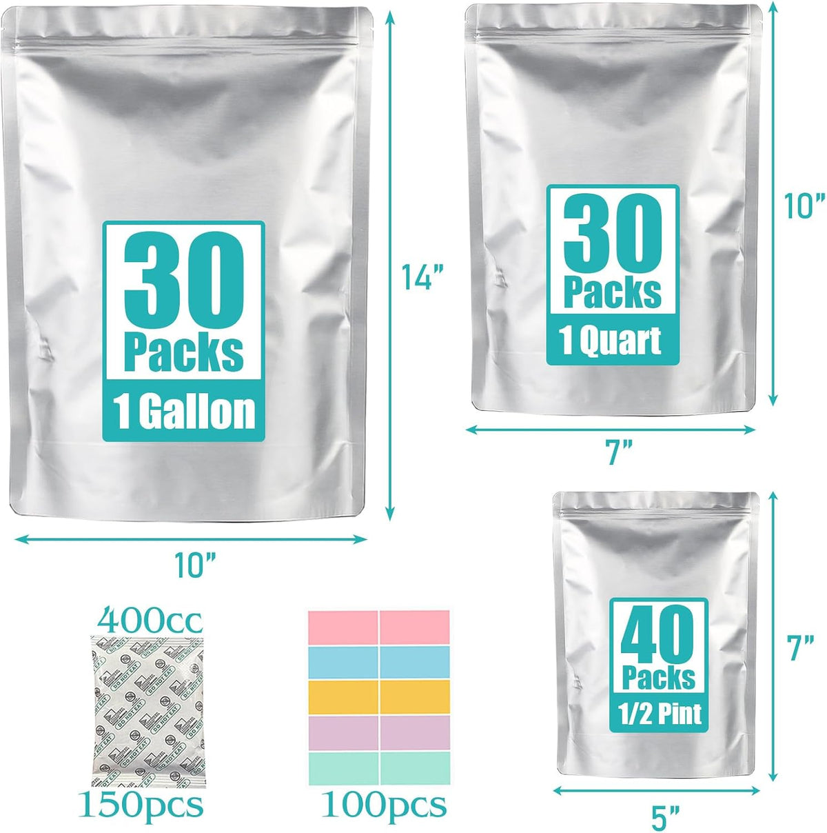 100pcs Mylar Bags for Food Storage 12 Mil Thick with 150x400cc Oxygen Absorbers & Labels, 3 Sizes (1 Gallon, 1 Quart, 1/2 Pint) - Stand-Up, Resealable & Heat Sealable for Long Term Food Storage
