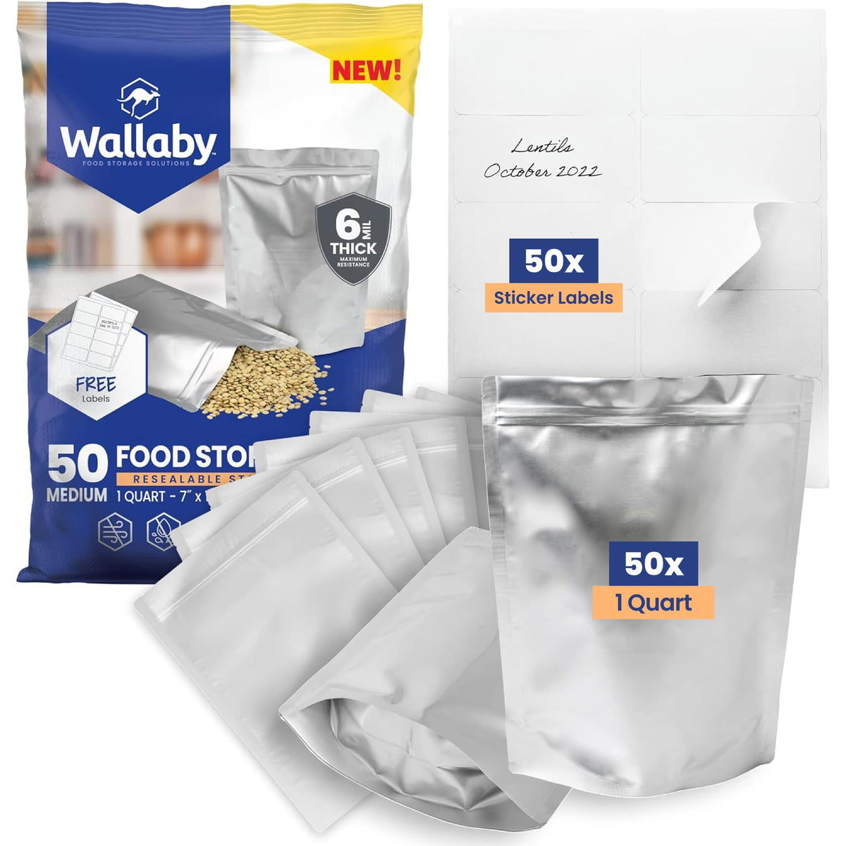 Wallaby 1-Pint Gusset 11 Mil Thick Mylar Bags, Zipper, Labels (50-Pack)