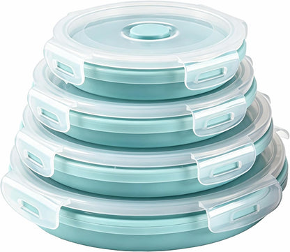 CARTINTS Silicone Collapsible Food Storage Containers-Prep/Storage Bowls with Lids – Set of 4 Round Silicone Lunch Containers – Microwave and Freezer Food Containers (Blue)