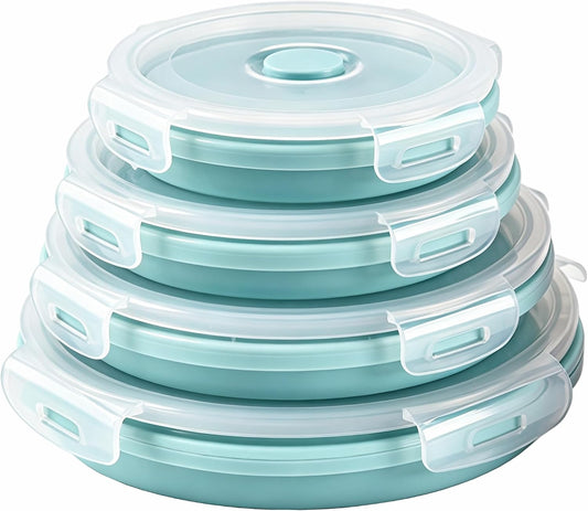 CARTINTS Silicone Collapsible Food Storage Containers-Prep/Storage Bowls with Lids – Set of 4 Round Silicone Lunch Containers – Microwave and Freezer Food Containers (Blue)