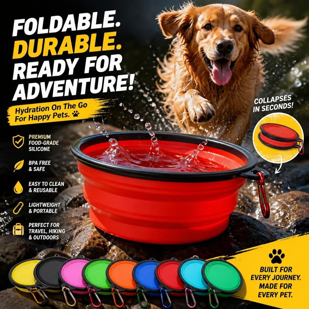 Collapsible Dog Bowls [3 Pack] 34 oz, Travel Dog Bowls, Pet Bowl Portable Foldable Water Food Feeding Dishes with Carabiner Clip for Traveling Hiking Walking-Red & Orange & Yellow