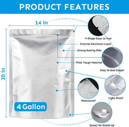 Mylar Bags 4Gallon 30PCS 14"X20" for Food Storage with Oxygen Absorbers&Labels,10Mil Thick Resealable Zipper&Heat Seal Stand Up Pouches for Packaging Long Term,Dried Food,BPA Free