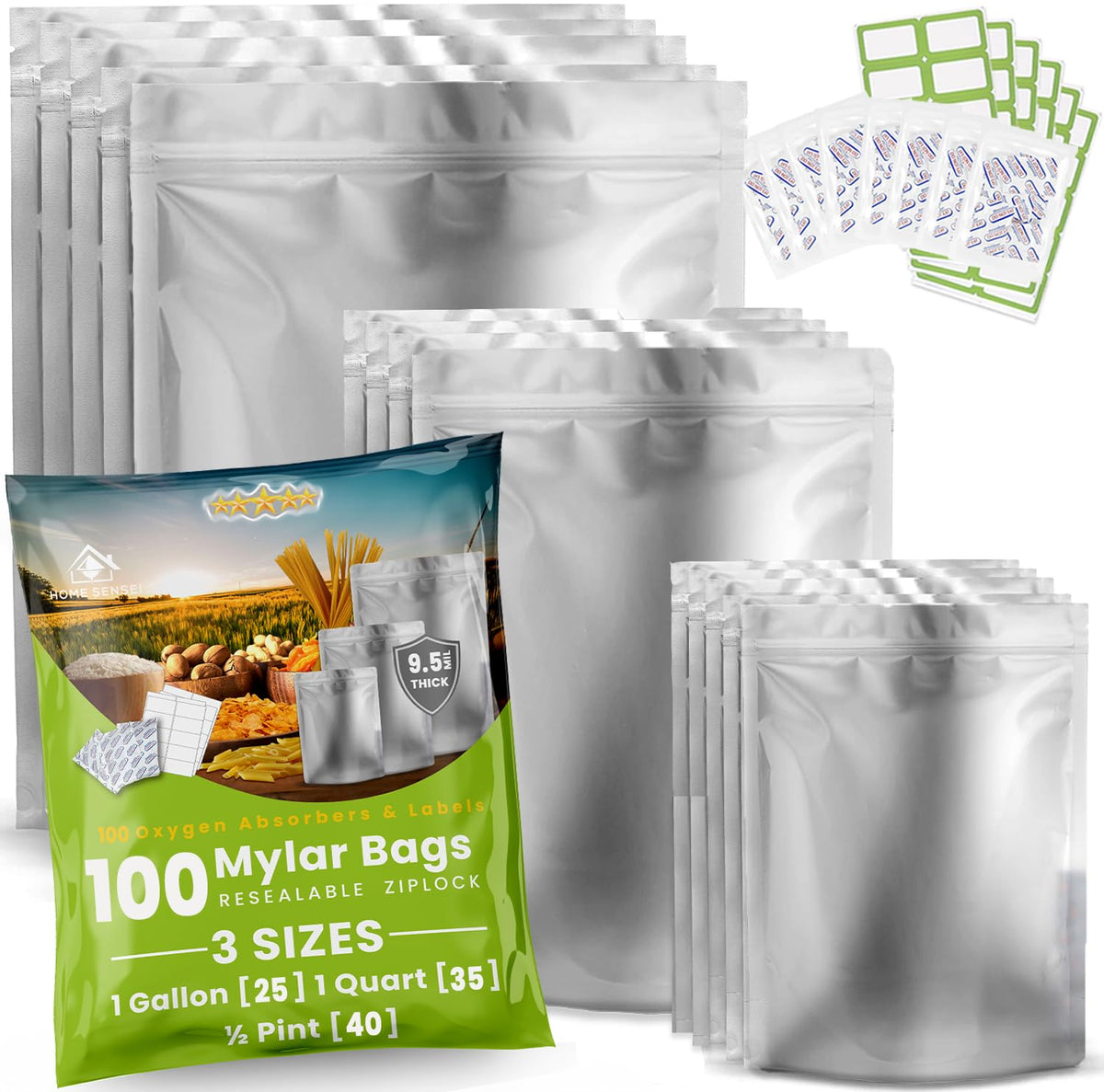 10pcs 5 Gallon Mylar Bags for Food Storage - 10 Mil Thick - Extra large bags 5 Gallon with Oxygen Absorbers 2500cc - Zipper Resealable Milar Bags - Bolsas Mylar 5 Galones