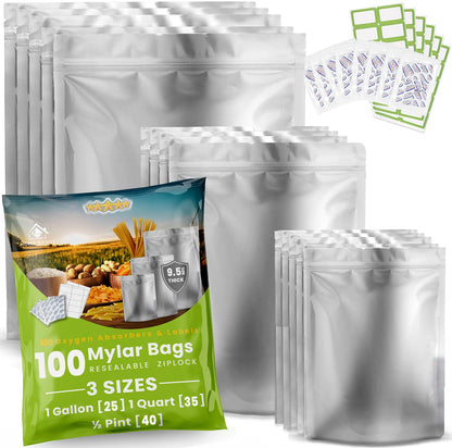 10pcs 5 Gallon Mylar Bags for Food Storage - 10 Mil Thick - Extra large bags 5 Gallon with Oxygen Absorbers 2500cc - Zipper Resealable Milar Bags - Bolsas Mylar 5 Galones